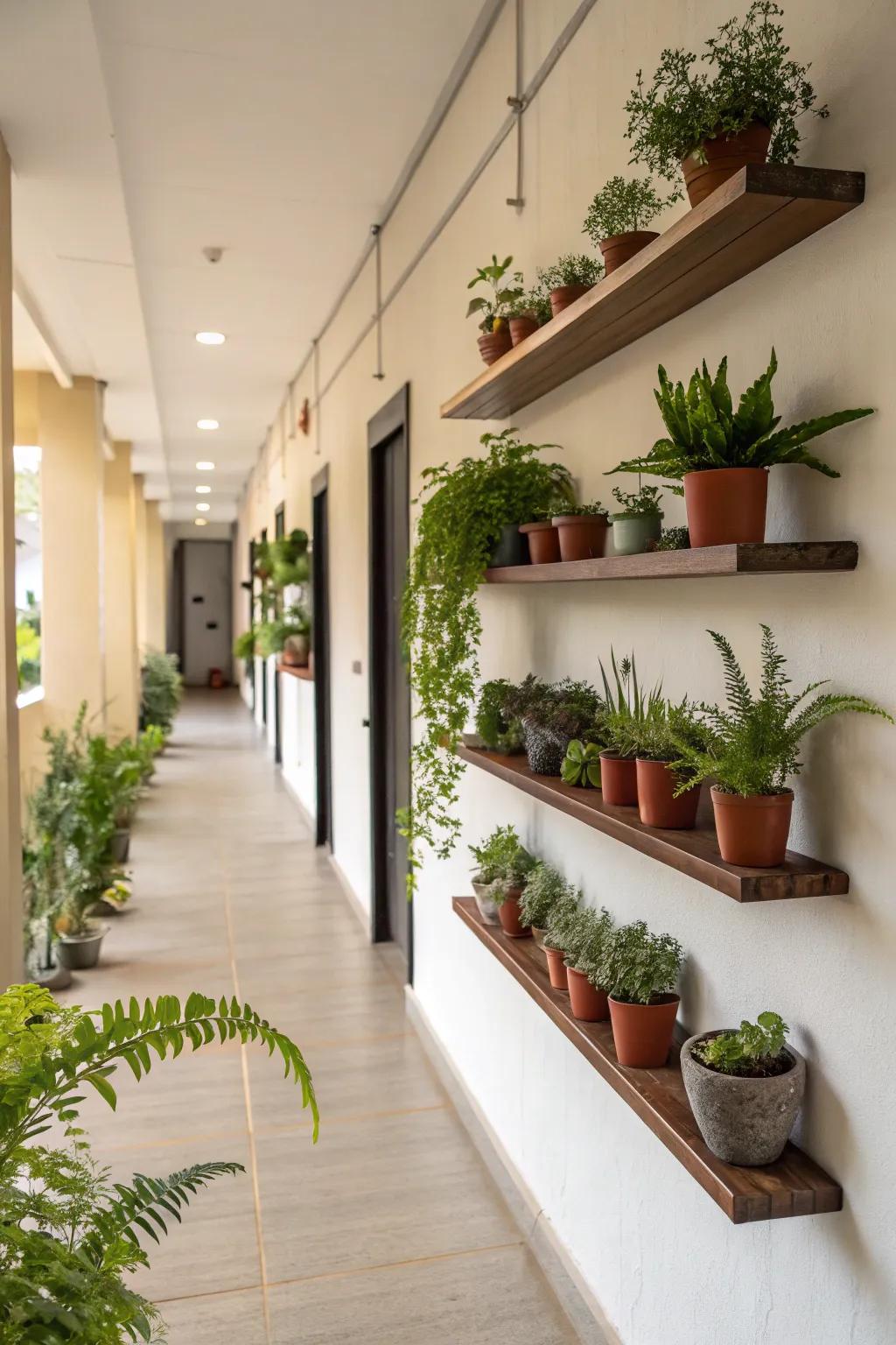 Bring life to your hallway with plants on floating shelves.