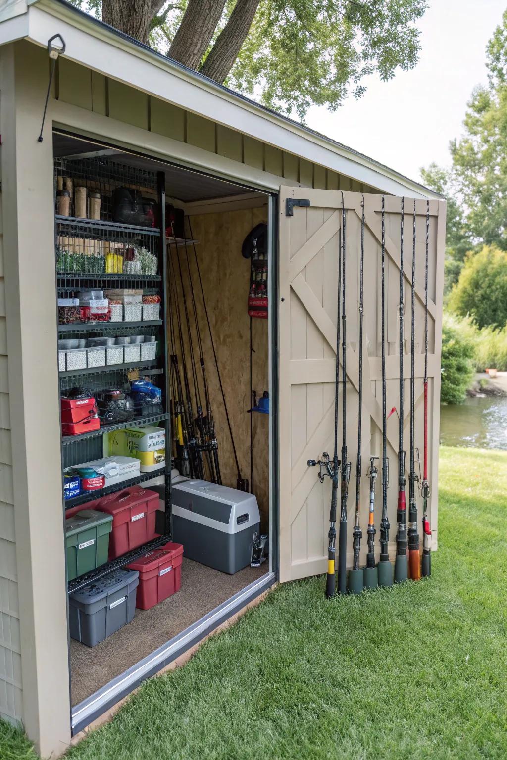 Outdoor shed transformed into a fishing gear sanctuary.