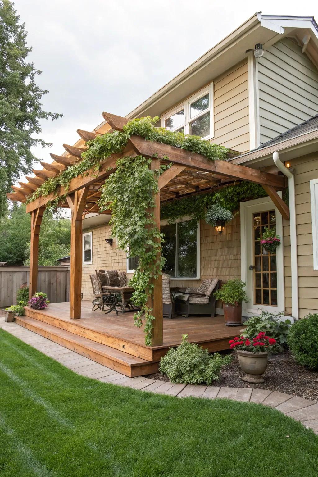 A wooden pergola adds shade and charm to the front extension.