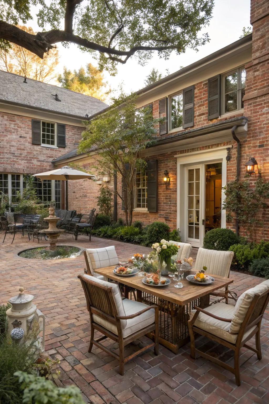 A brick courtyard extends living spaces outdoors.