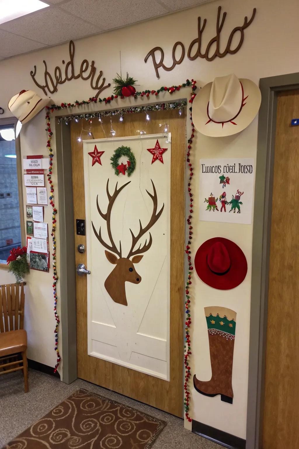 A reindeer rodeo brings a touch of country fun to your Christmas door decor.