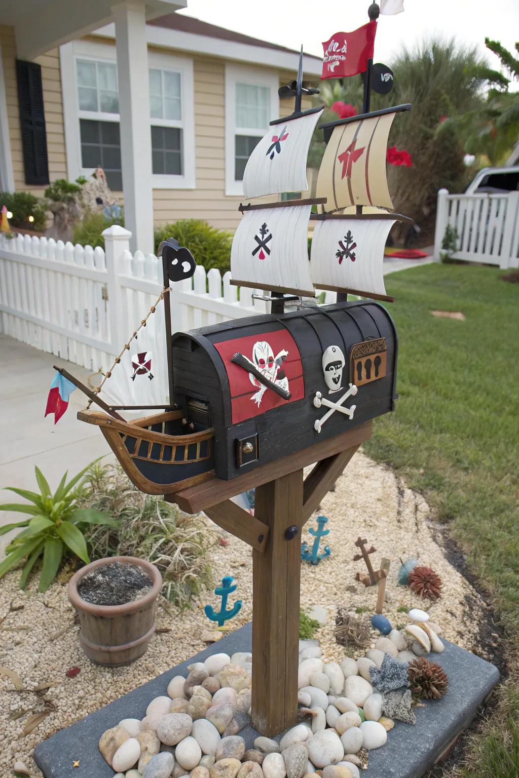 A pirate ship mailbox that's a swashbuckling addition to any yard.