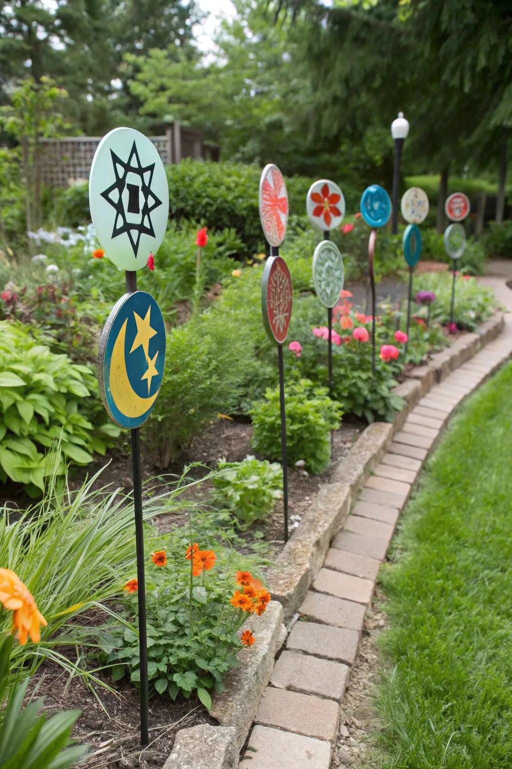 Cultural motifs in glass posts reflecting personal stories.