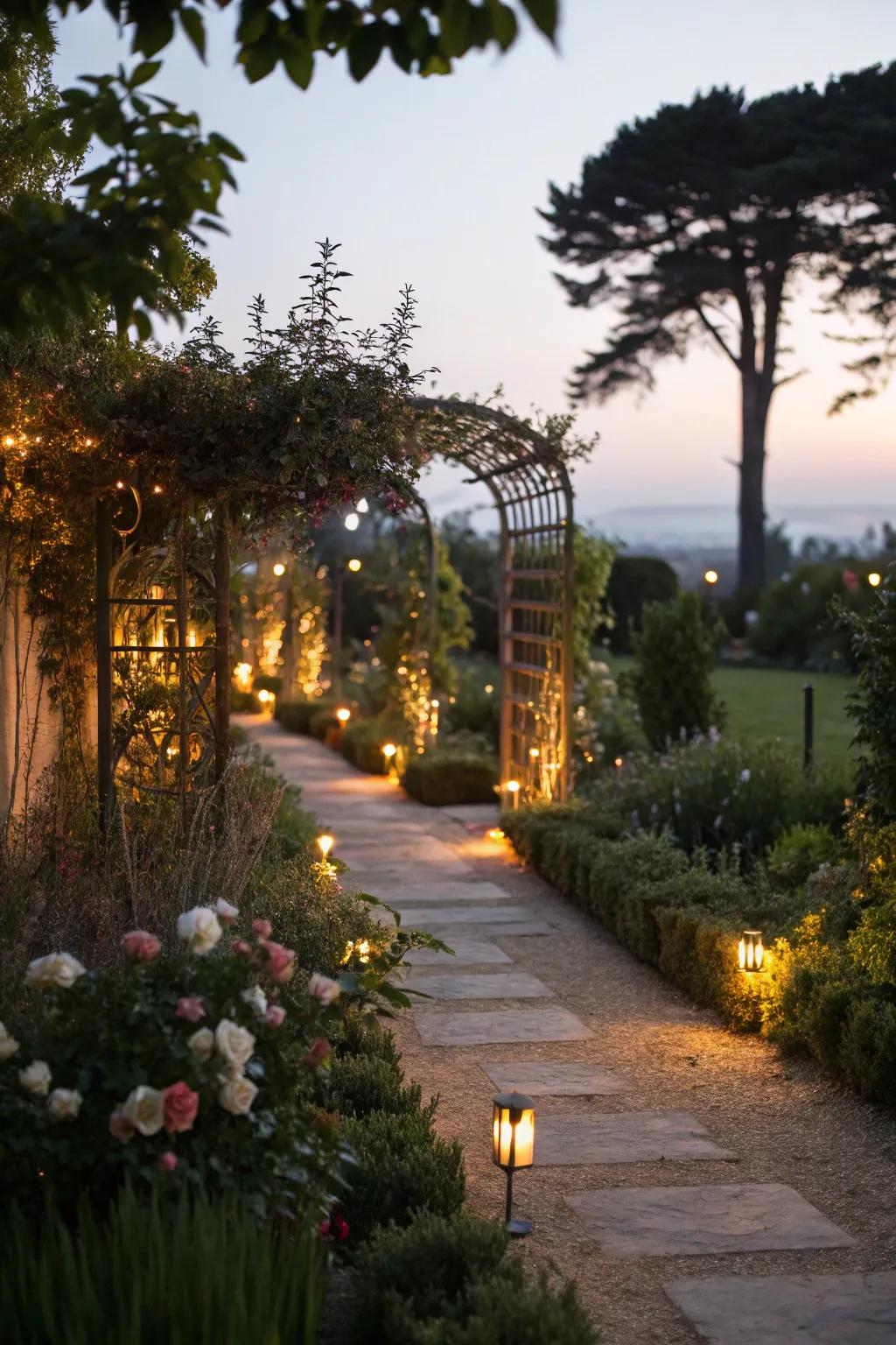 A garden transformed by soft lighting, highlighting pathways and plants.