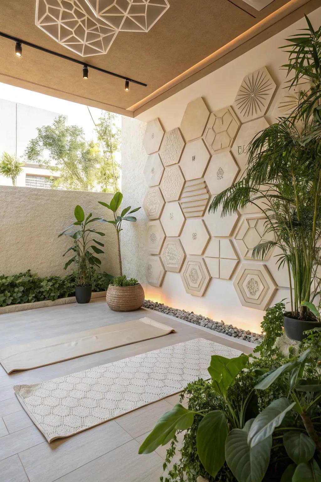 A meditation room with subtle geometric hexagon wall patterns.