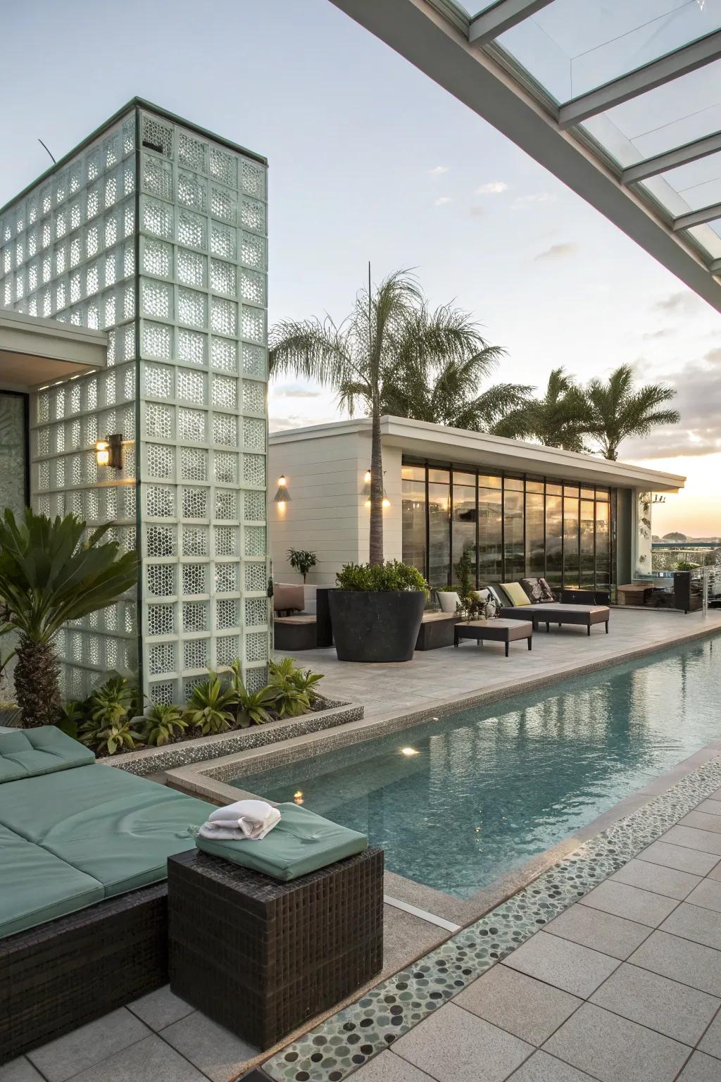 An outdoor pool area showcasing glass block features, adding refined and modern design elements.