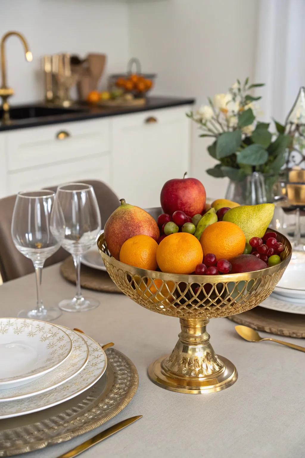 Colorful and fresh gold fruit bowl centerpiece.