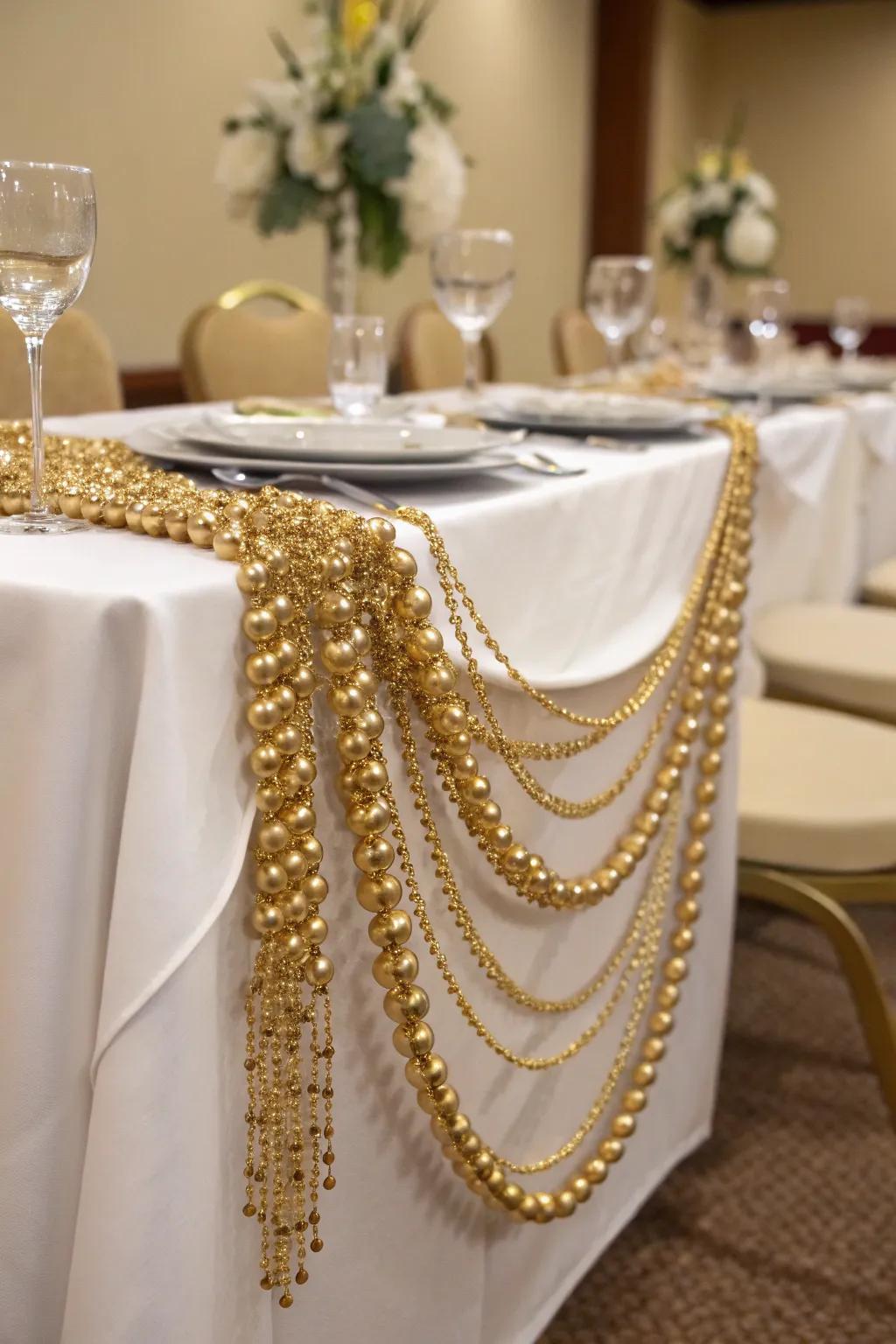 Graceful gilded-beaded garland appending flashiness.