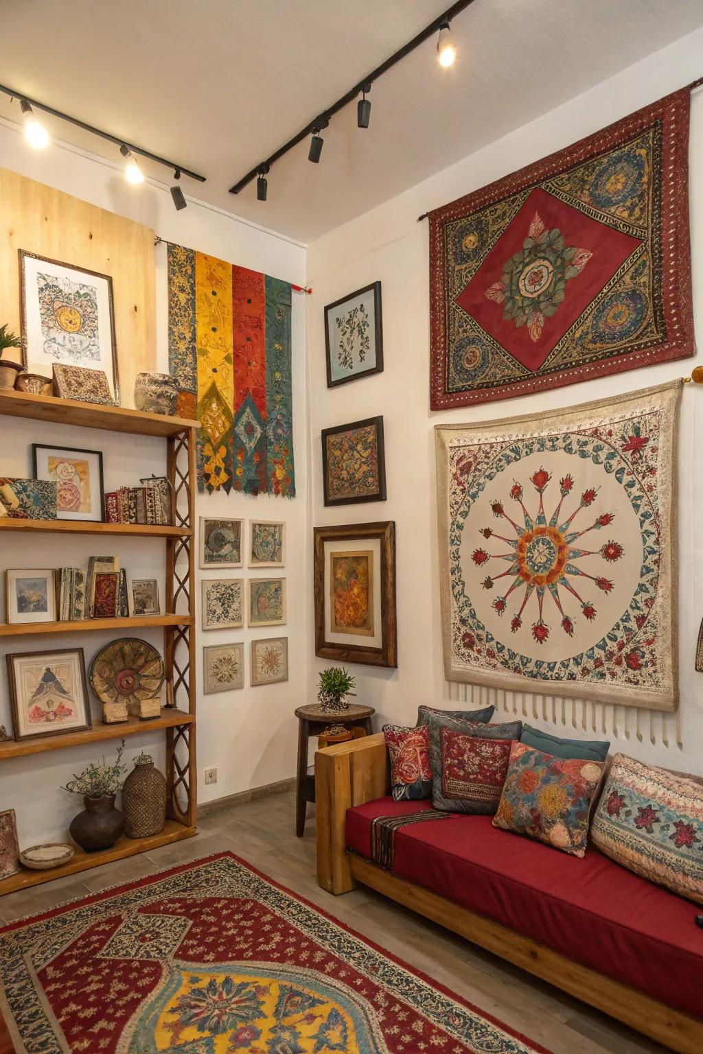 Cultural art adding character and depth to the space.