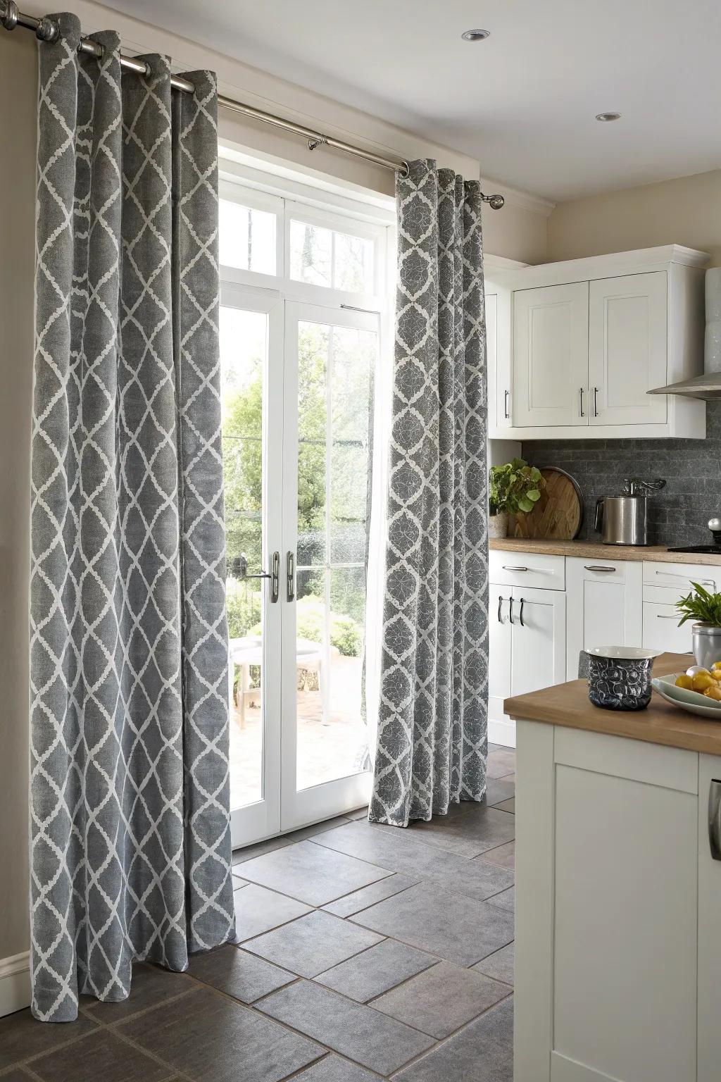 Bold geometric patterned gray curtains for a modern art-inspired kitchen.