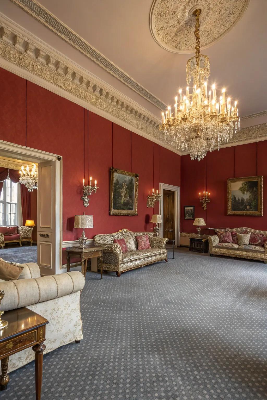 Red walls create a striking, luxurious contrast with grey carpets.