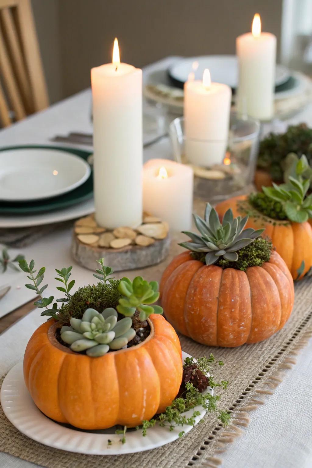 Jack-o'-lantern planters serve as unique centerpieces