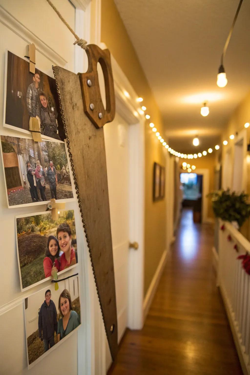 A countryside-inspired snapshot display using a vintage handsaw.
