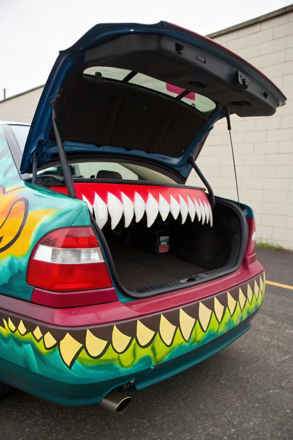 Design a monster mouth with sharp teeth for an interactive trunk experience.