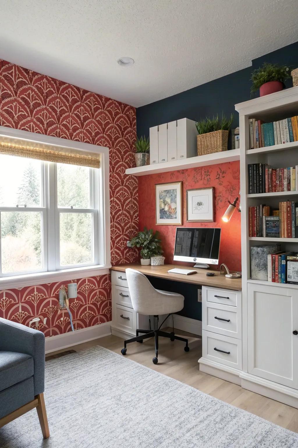 An accent wall adds a striking focal point to your home office.