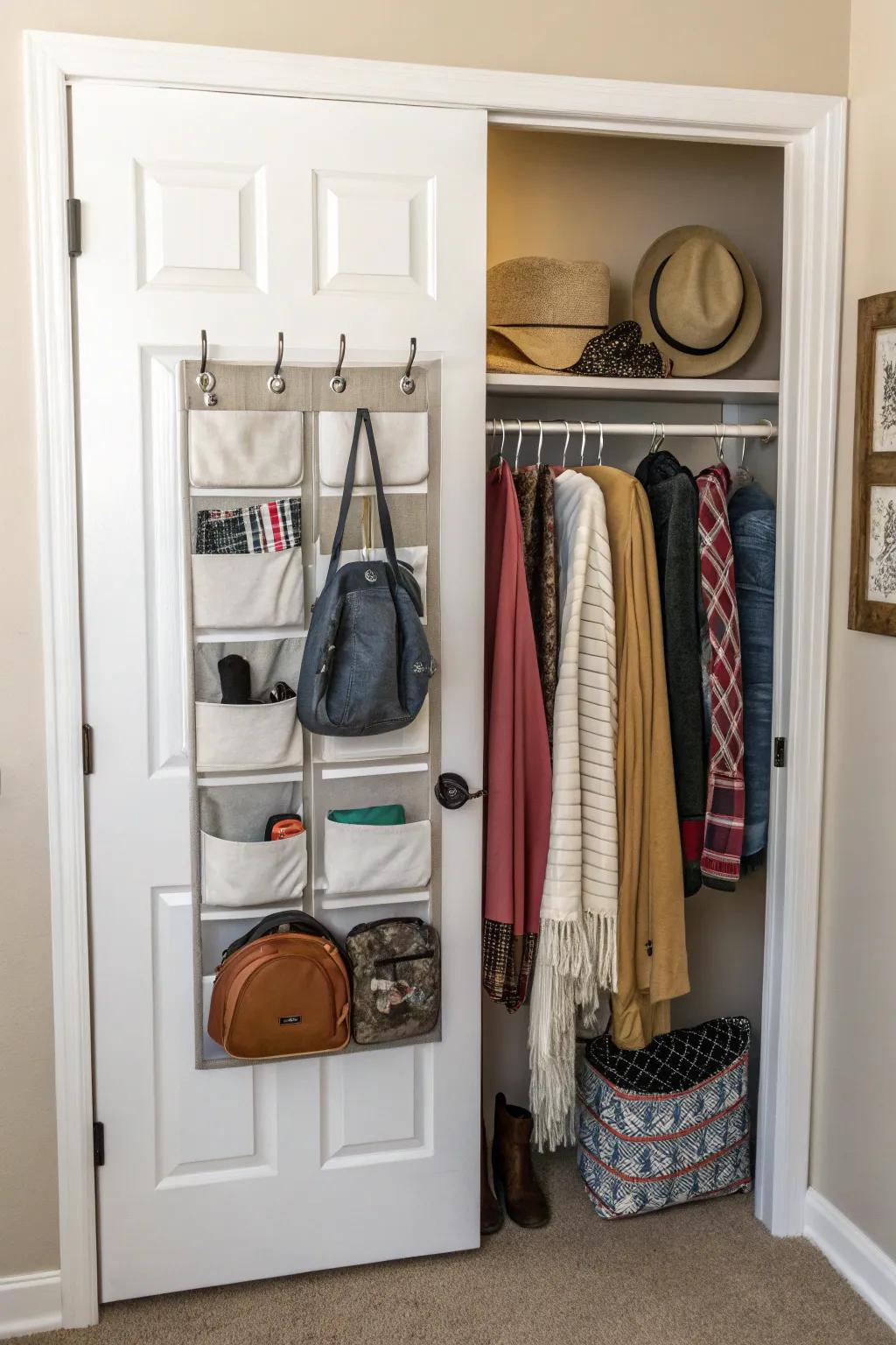 Closet door utilized for additional workout gear storage.