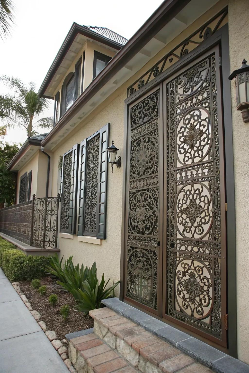 Decorative metal screens combine protection with artistic elegance.