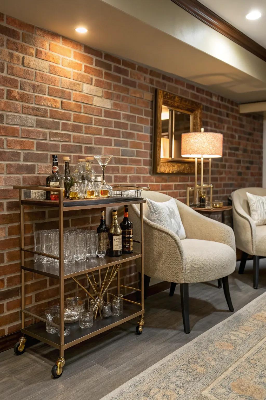 A chic home bar arrangement with a brick facade, ideal for entertaining guests.
