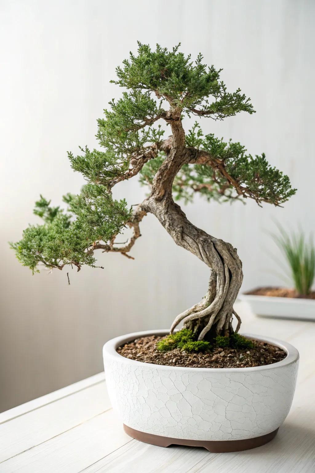 An exposed root juniper bonsai revealing its striking roots in a minimalist pot.