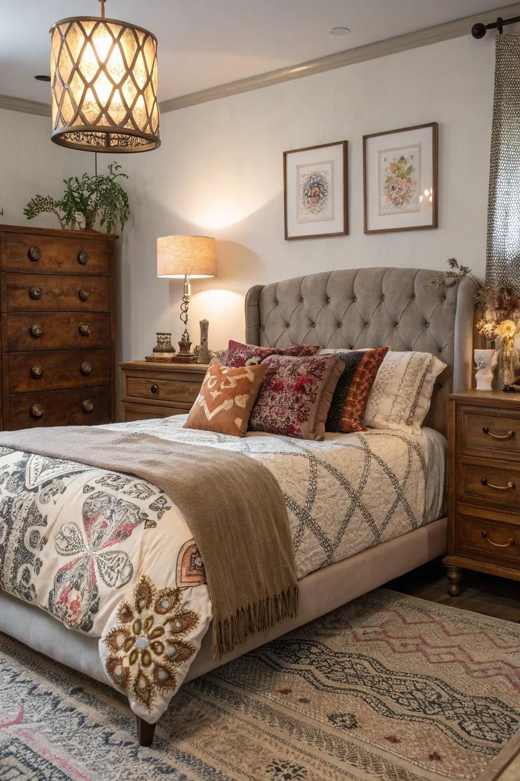 Eclectic elegance is achieved by mixing vintage and modern elements in this king-sized bed setup.