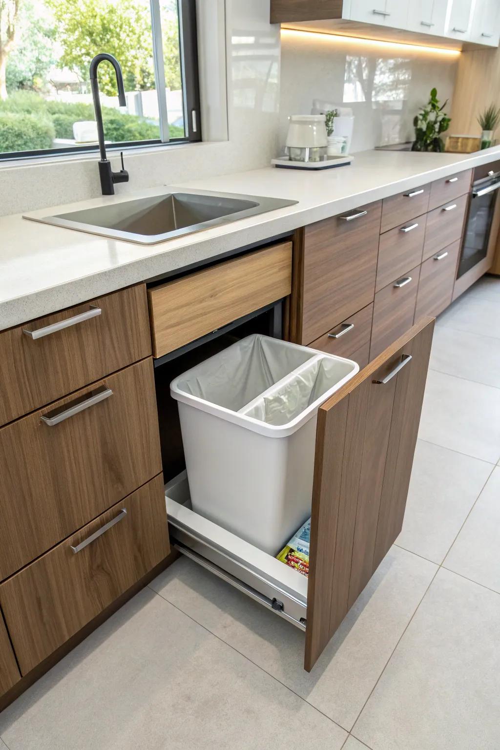 A hidden trash disposal maintains a clean and clutter-free kitchen.