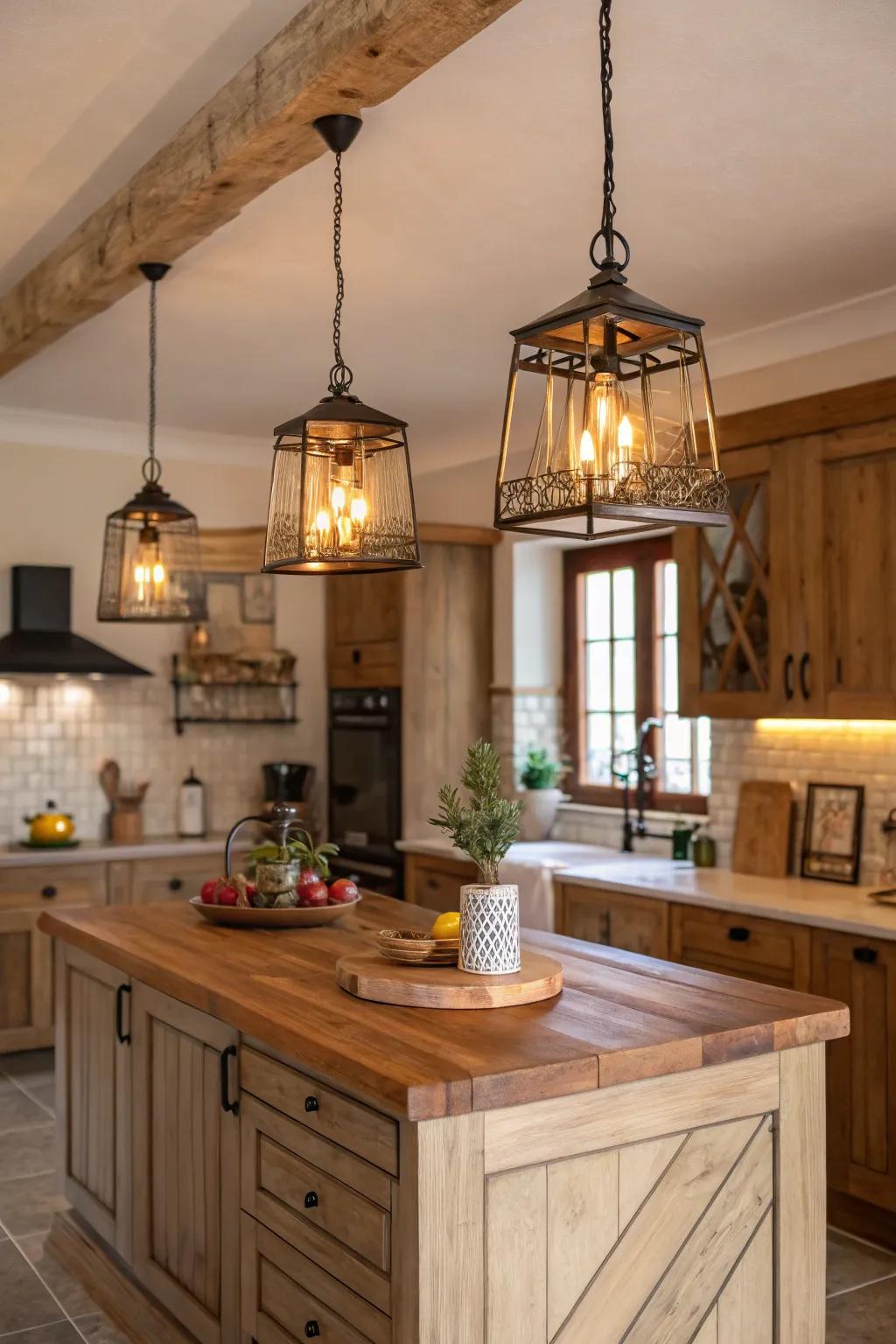 Wood accents in lighting fixtures bring warmth to the kitchen.