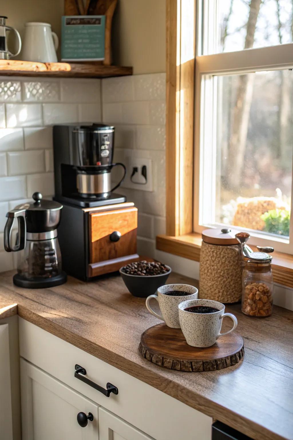 A coffee nook adds a touch of coziness and convenience.