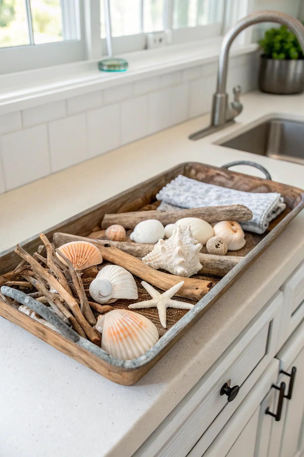 Seashells and driftwood evoke a serene coastal atmosphere.