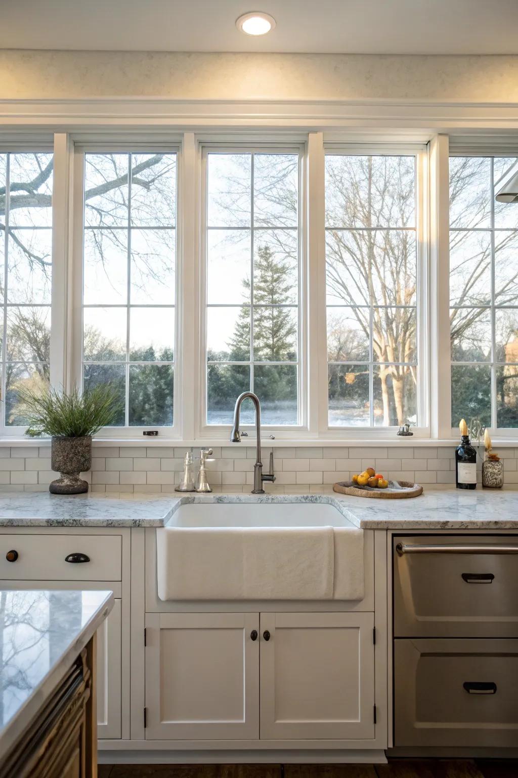 A creative kitchen utilizing windows as a backsplash.