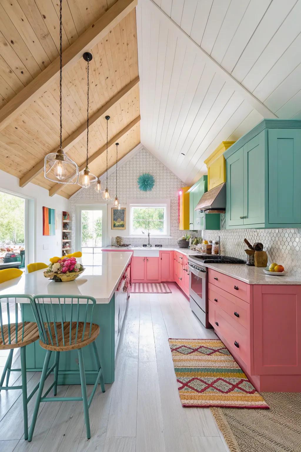 A bold color accent adds a fun twist to this modern kitchen with a vaulted ceiling.