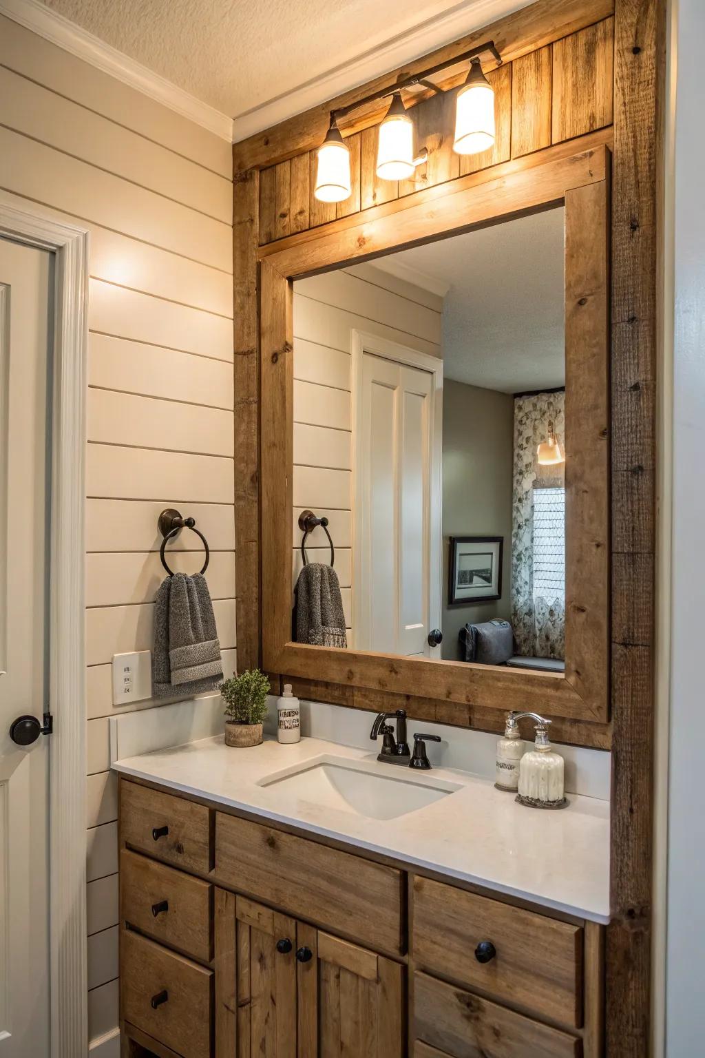 Shiplap adds warmth and farmhouse charm to bathroom mirrors.