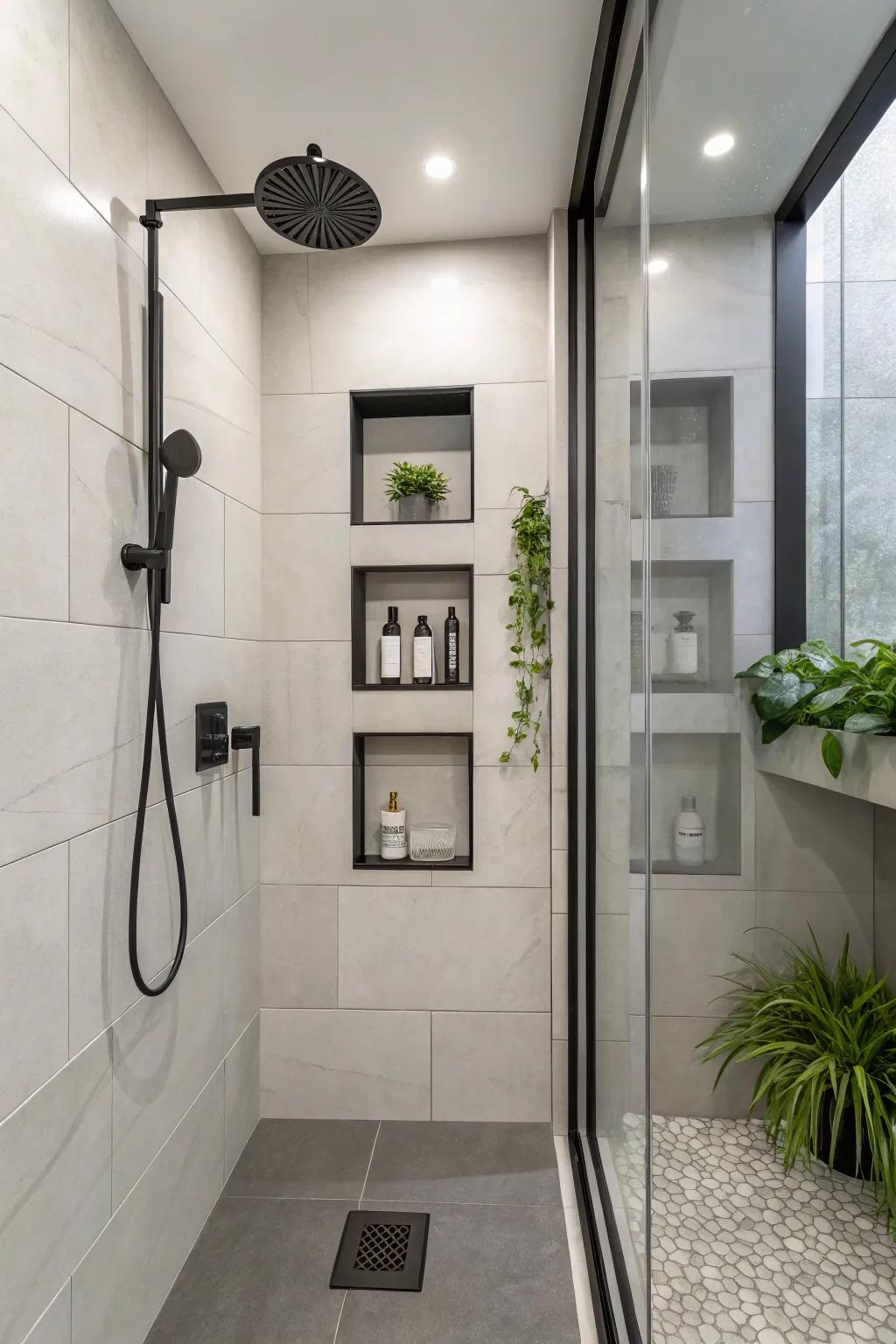 Hidden storage maintains a clean and clutter-free shower.