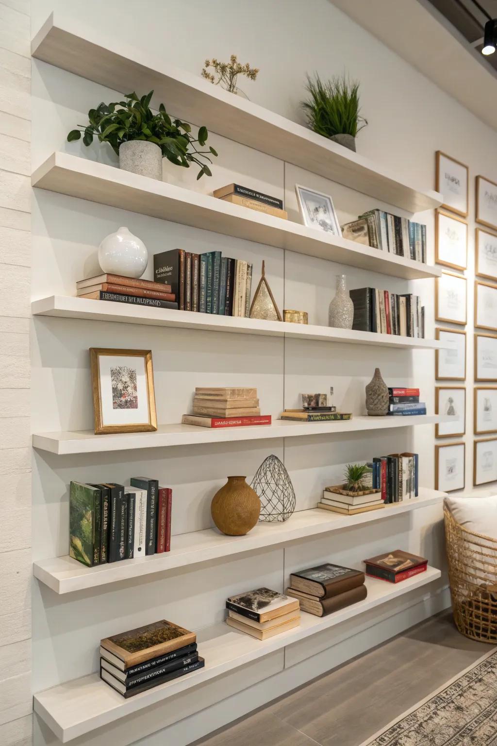 Floating shelves provide minimalist elegance for displaying decor.