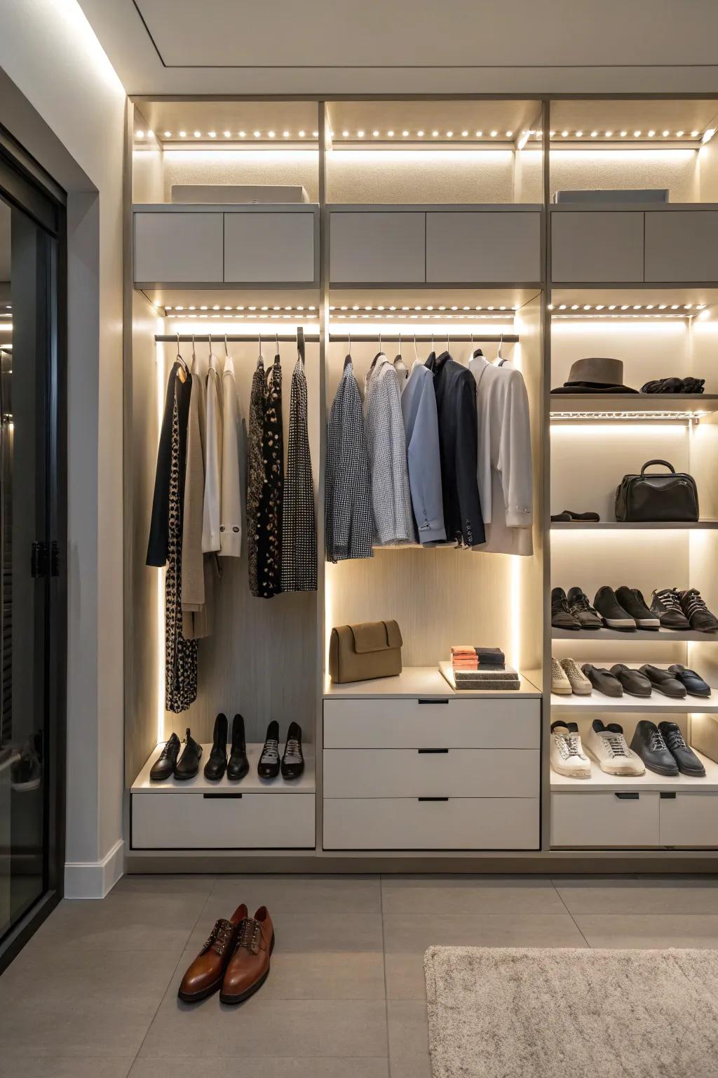 Light up your closet with functional LED strips.