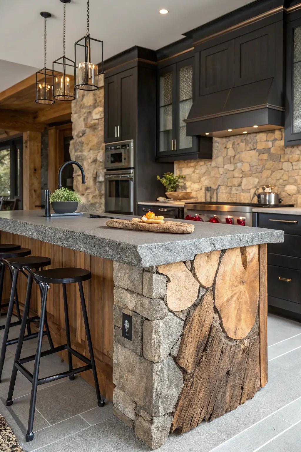 A kitchen showcasing a striking mix of materials with a live edge countertop.