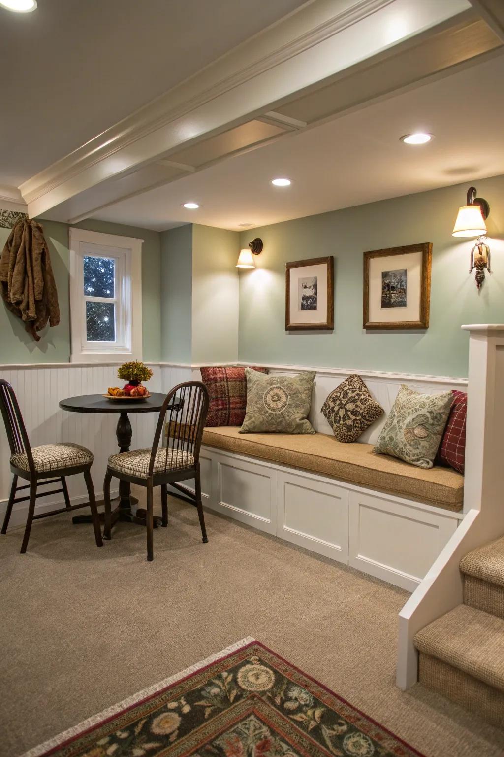 Built-in banquette seating optimizes space and provides extra storage.