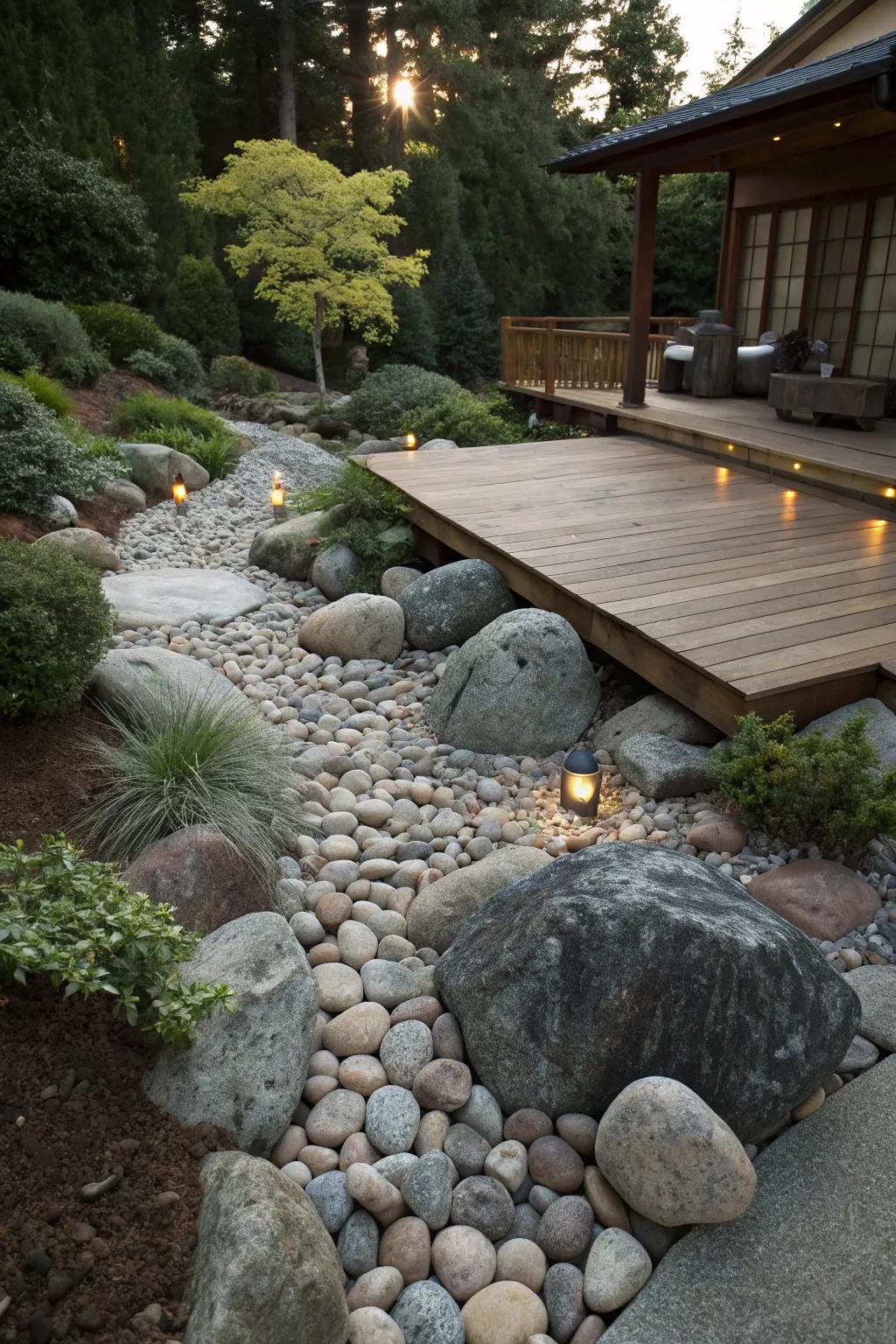 A rock garden with a variety of stones around a deck.