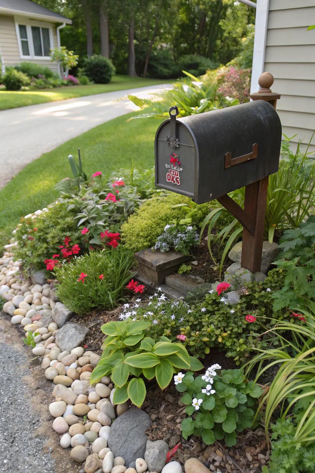 Construct a miniature garden retreat around your mailbox for an enchanting effect.