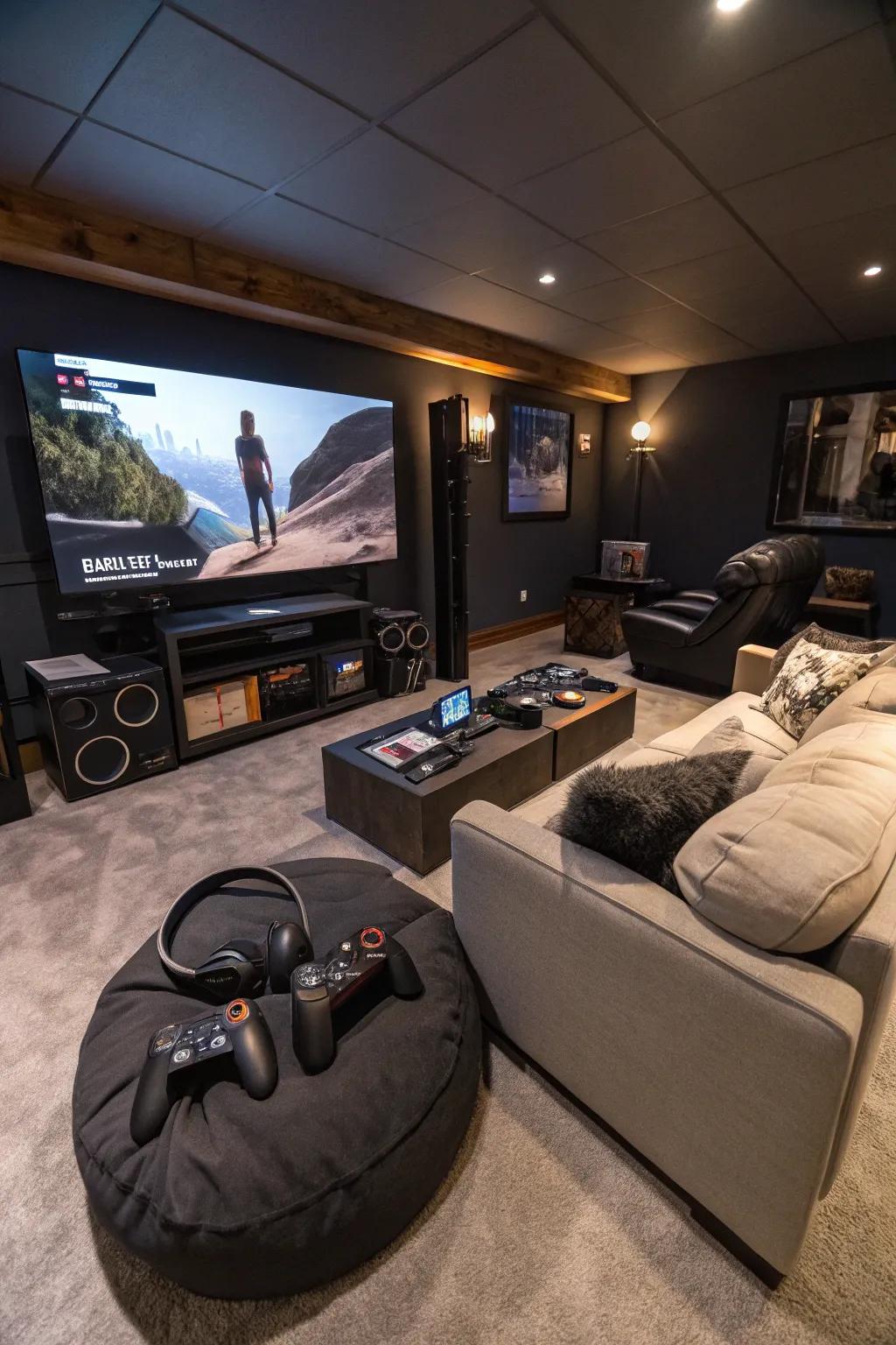 A futuristic virtual reality corner inside a man cave.