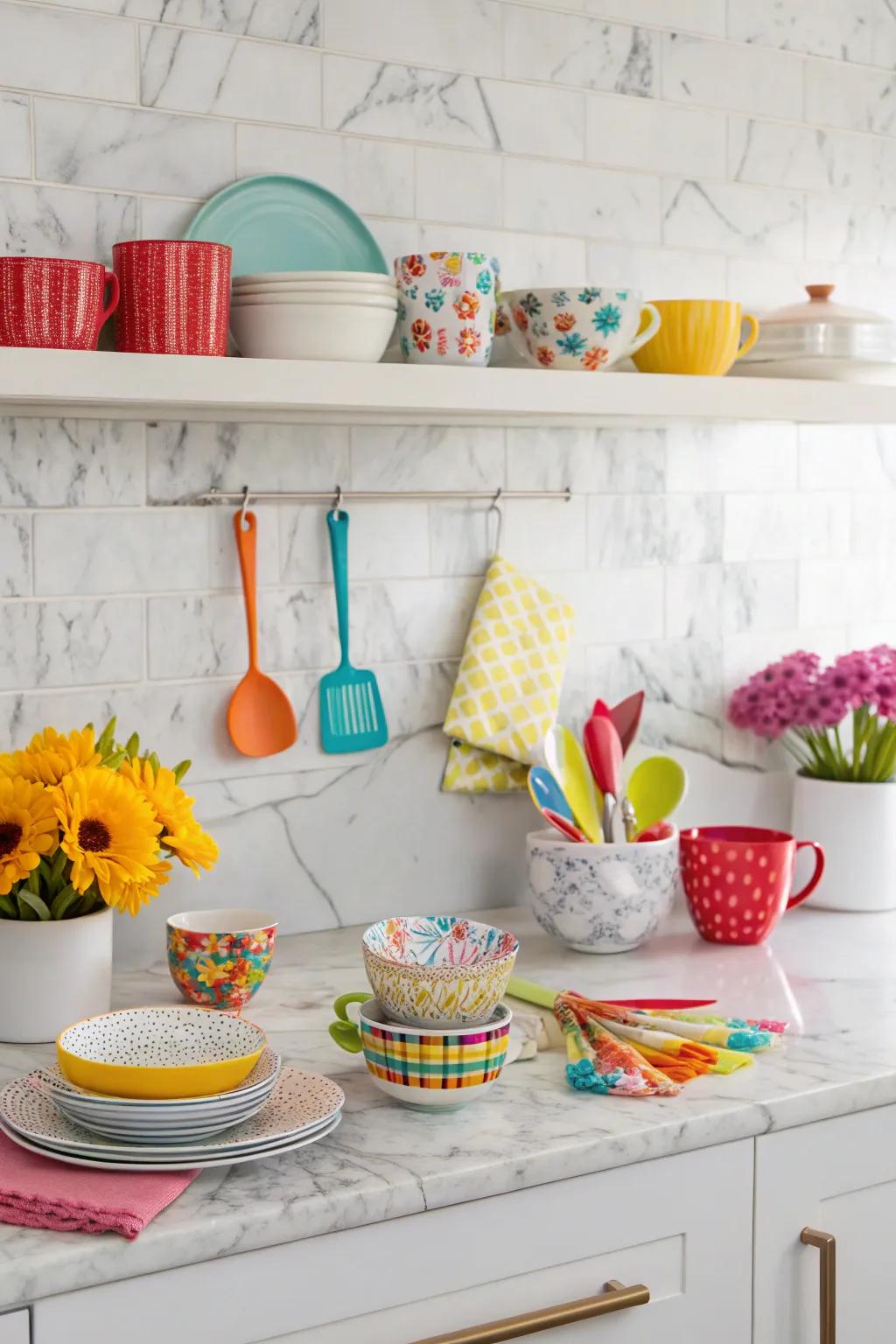 A vibrant kitchen design featuring a neutral stone panel accentuated with pops of color.