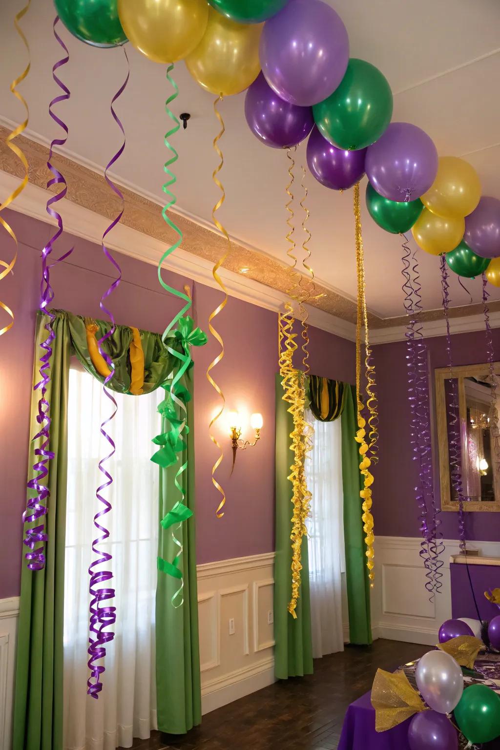 Mardi Gras colors infuse the space with vibrant energy and joy