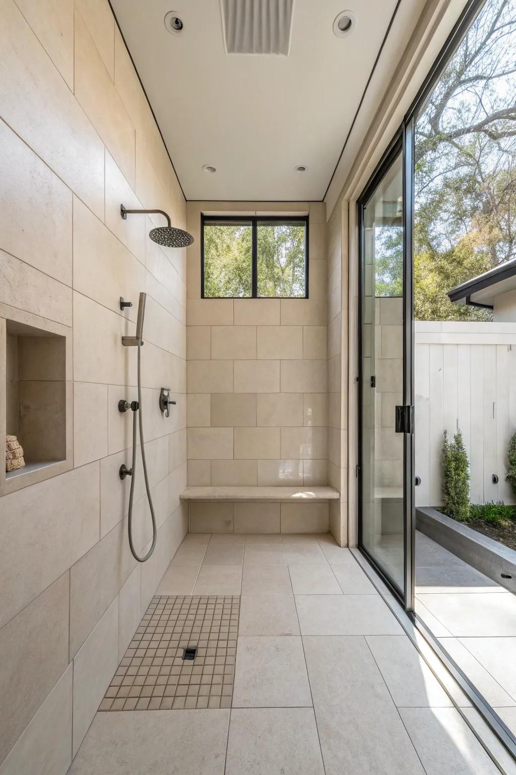 An open shower design for seamless bathroom flow.