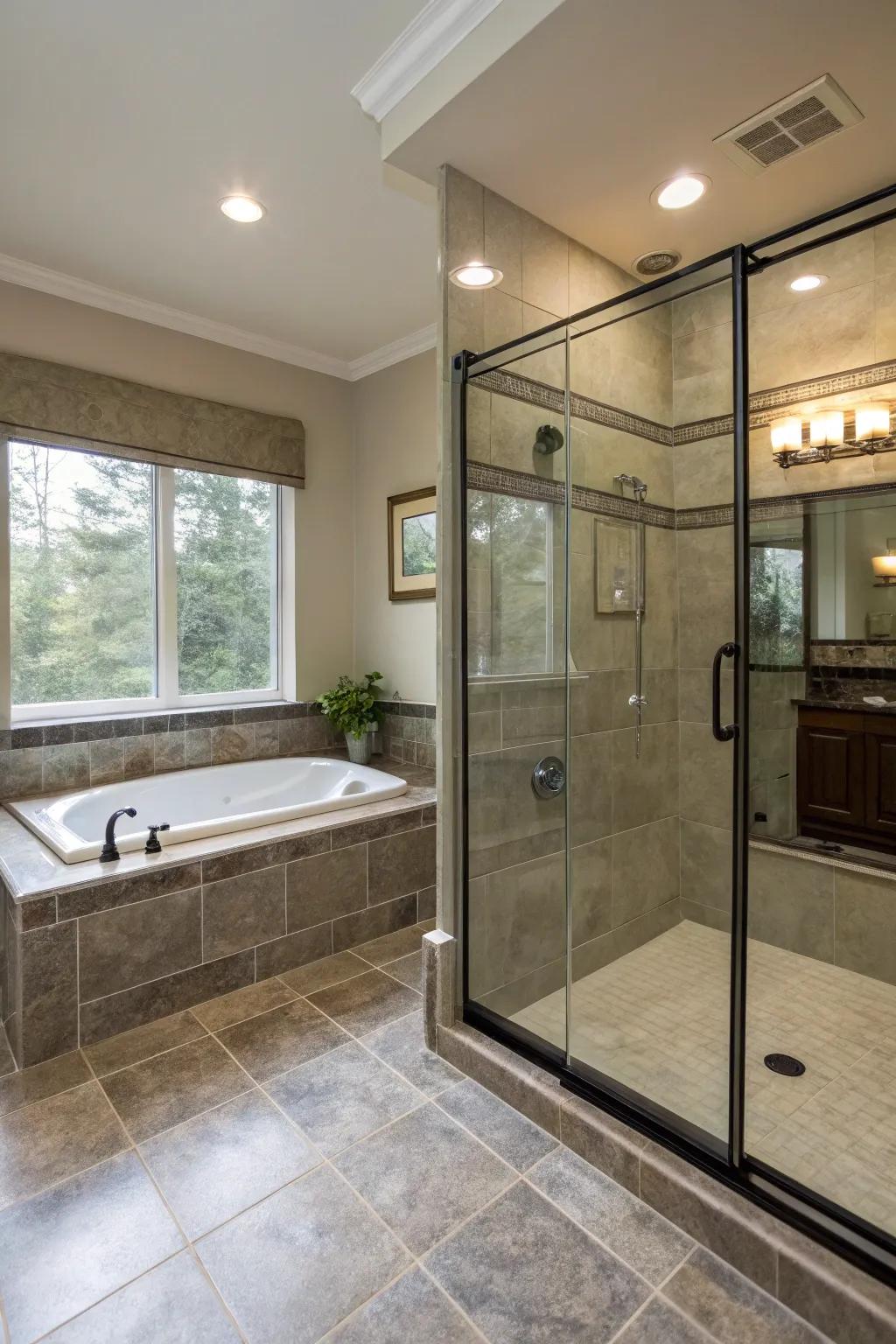 Frameless glass doors contribute to an open and modern bathroom design.