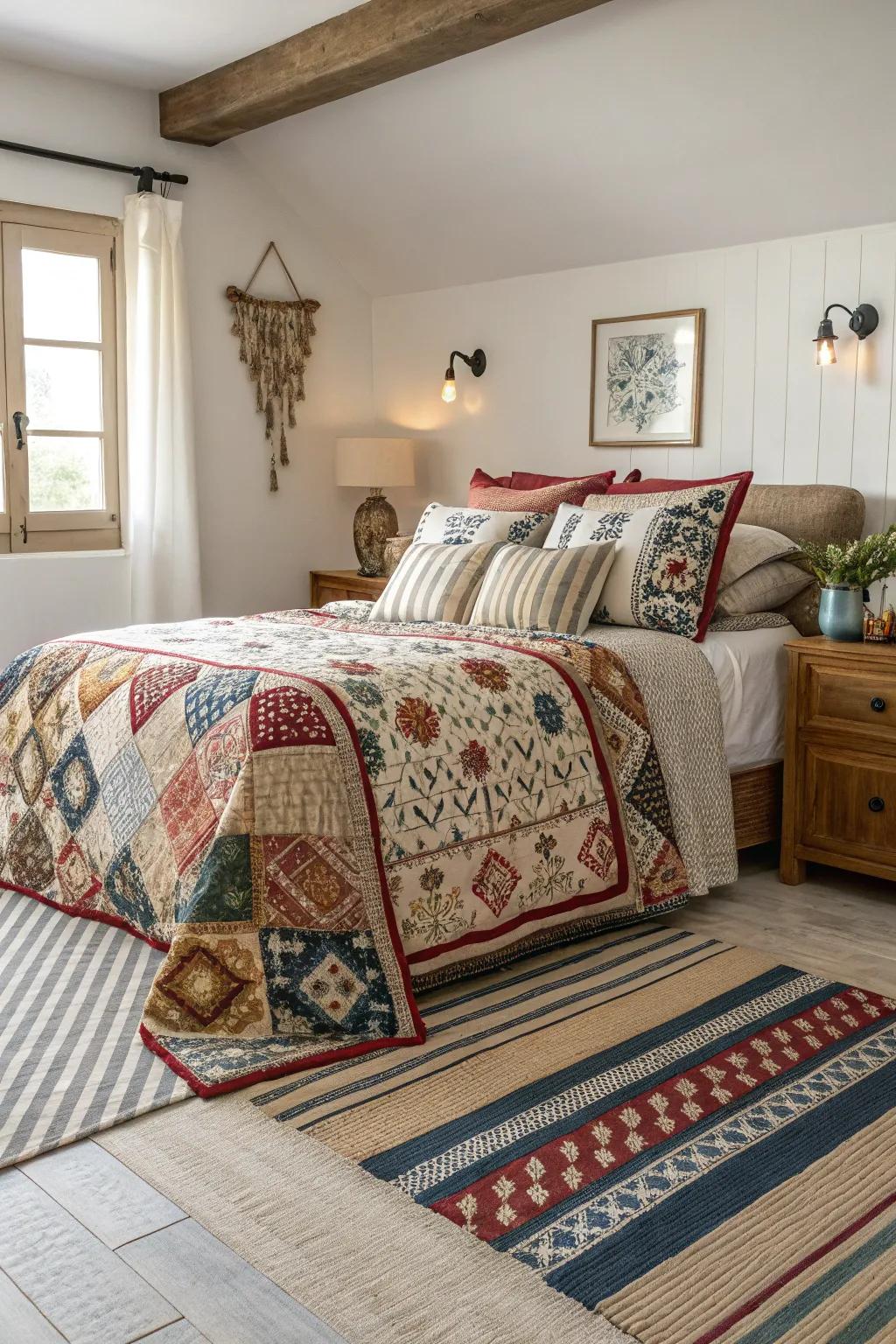 Mixing patterns adds visual interest to the master bedroom.