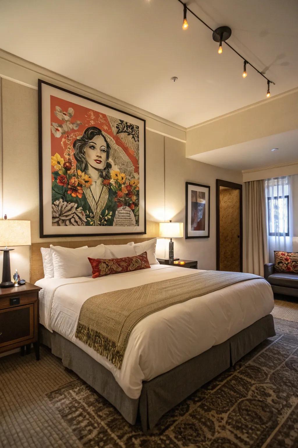 A sleeping area featuring an oversized art piece for added spectacle.