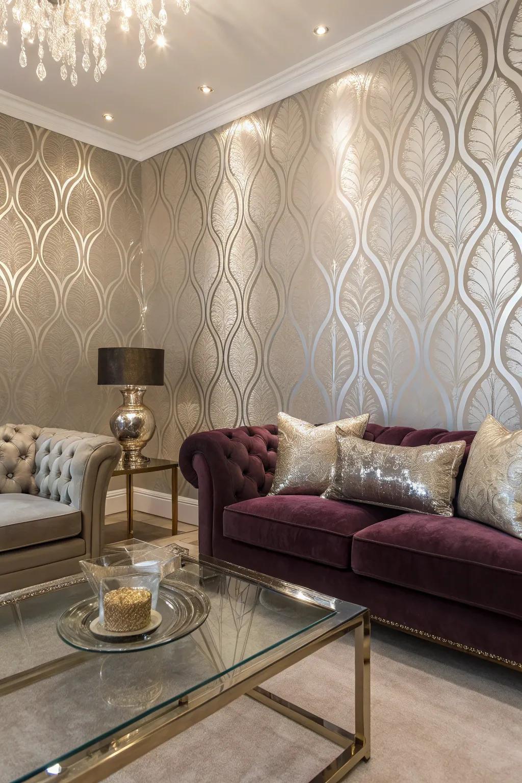 Luxurious setting with metallic accent mid-century wallpaper.