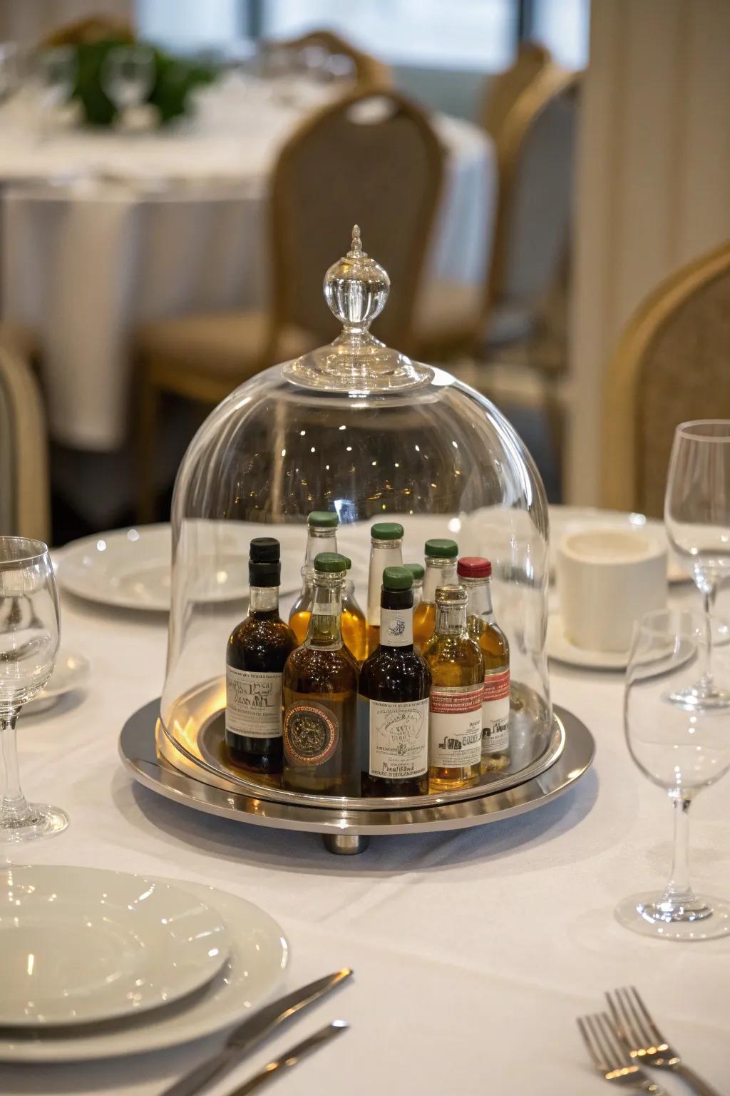 A glass dome adding sophistication to the display of mini liquor bottles.