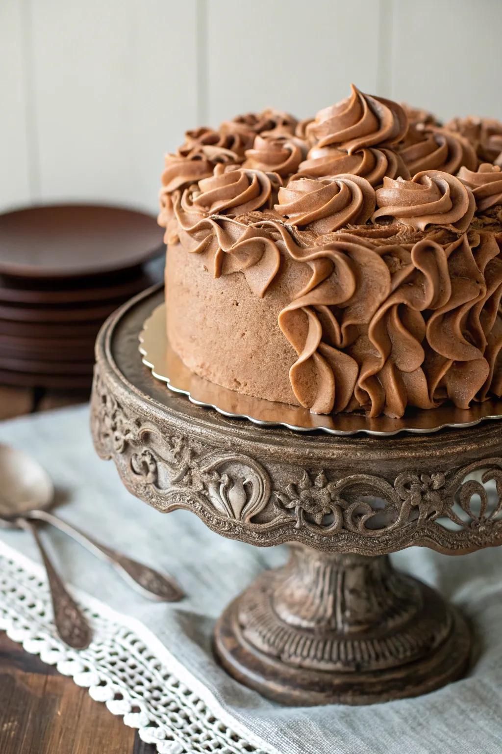 Caffeinated sweet cream undulations add a romantic touch to the cake.