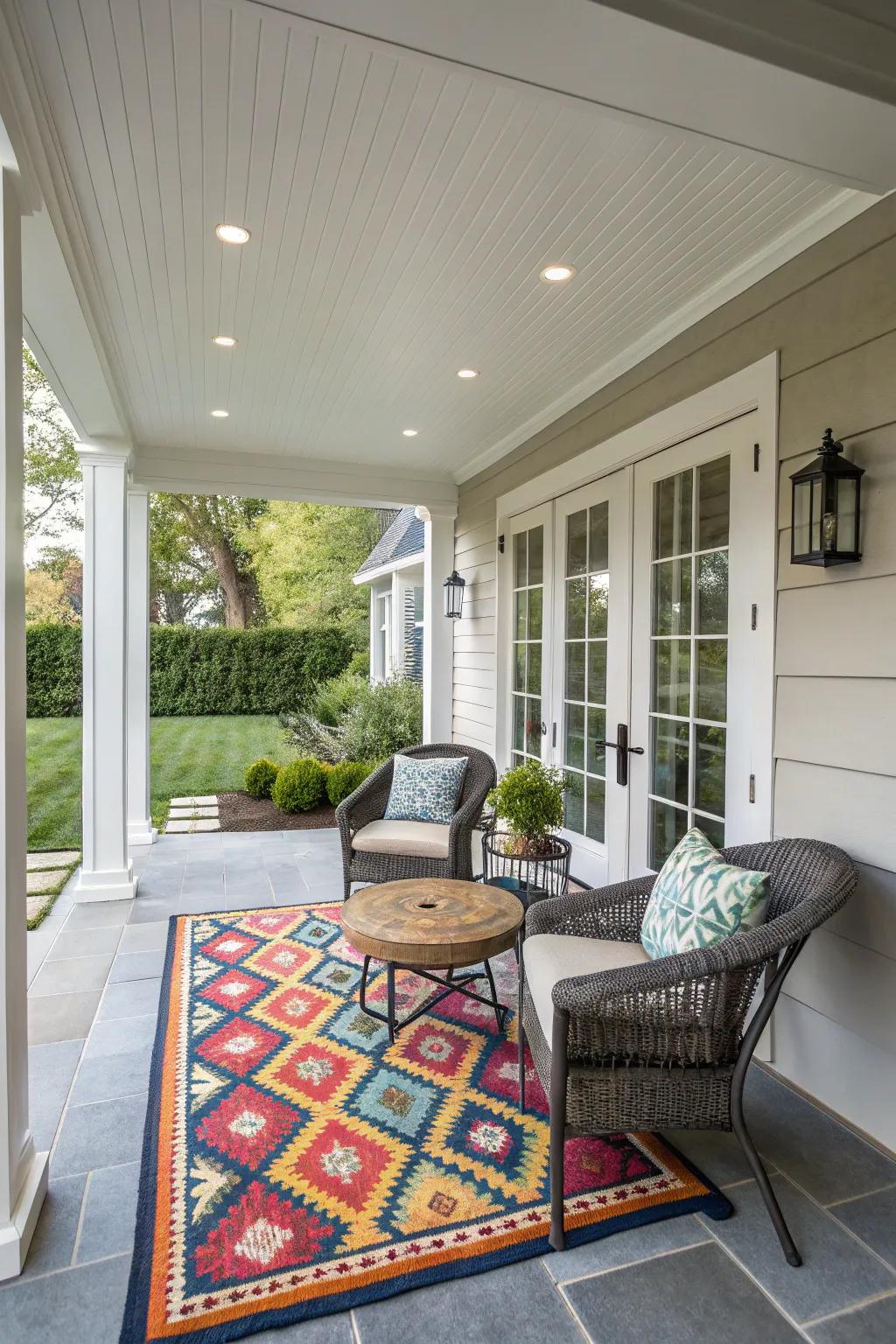 A stylish rug anchors and defines the modern porch space.