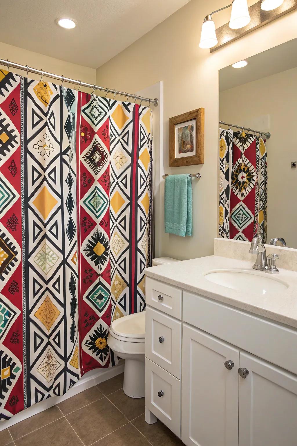 A bathroom showcasing a unique and bold patterned shower curtain.